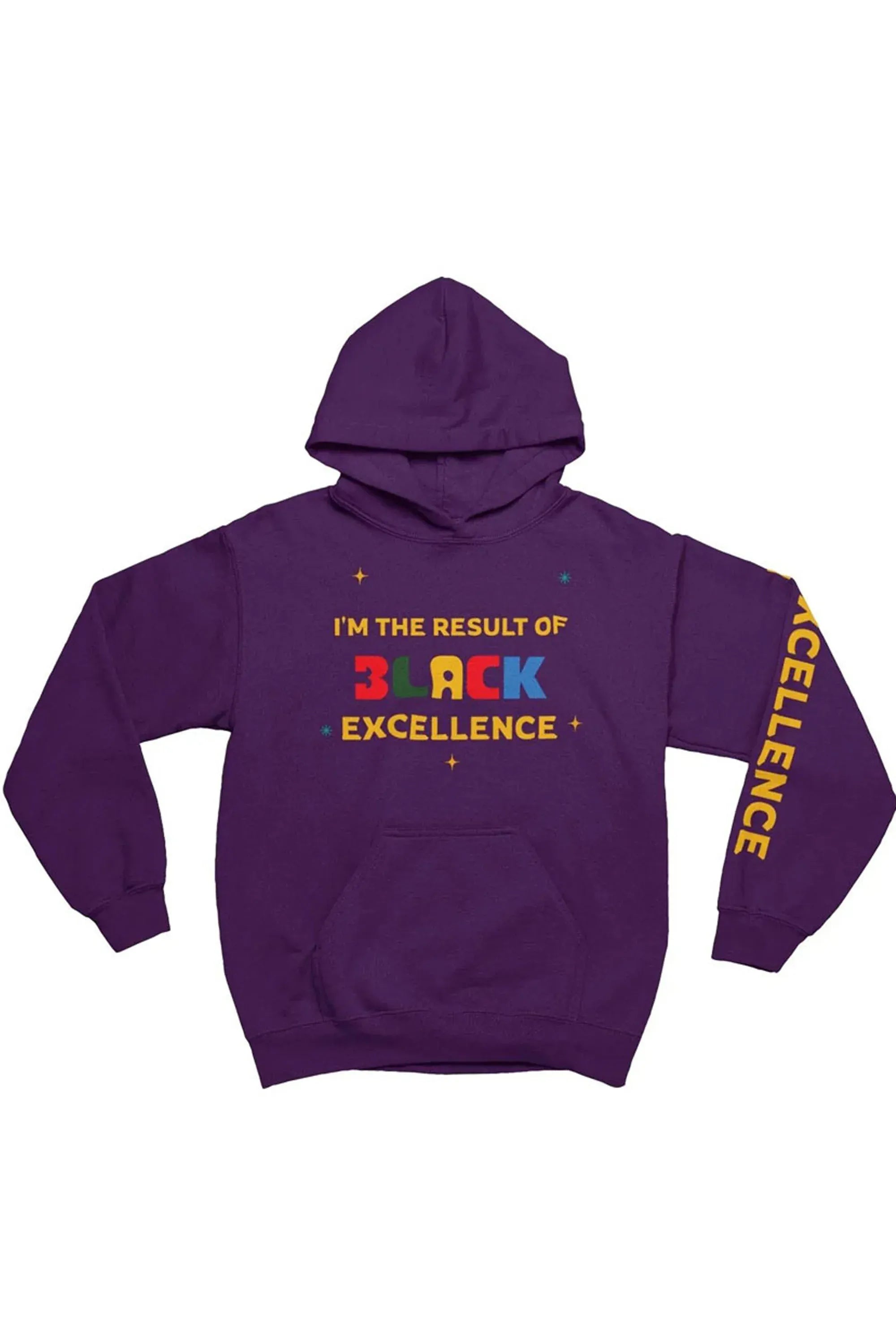A purple pullover hoodie with a colorful graphic on the chest reading 'I'M THE RESULT OF BACK EXCELLENCE' and 'EXCELLENCE' printed in yellow down one sleeve, shown on a plain white background.